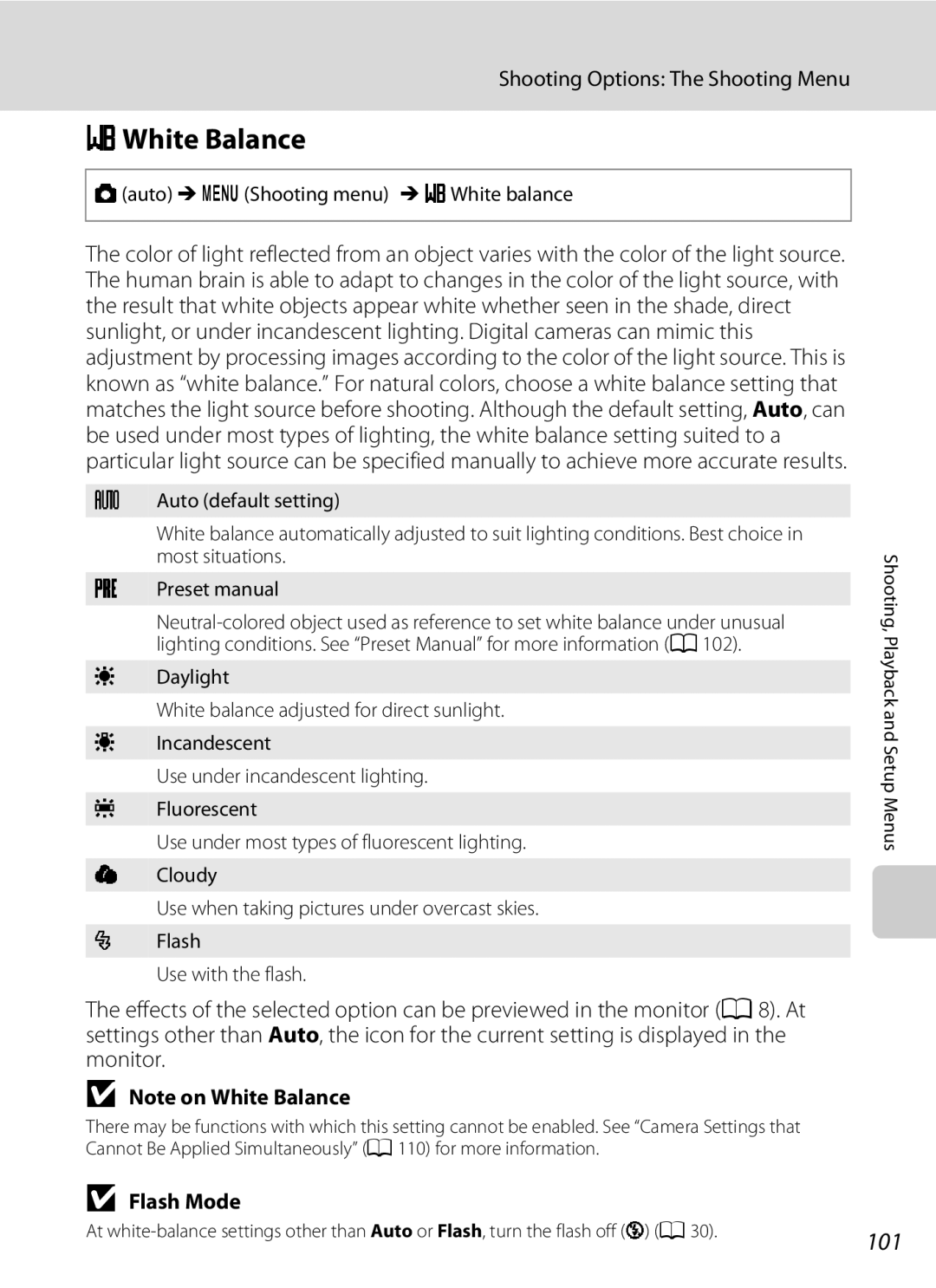 Nikon COOLPIXS1000PJ user manual BWhite Balance, 101, Flash Mode, Auto M d Shooting menu M BWhite balance 