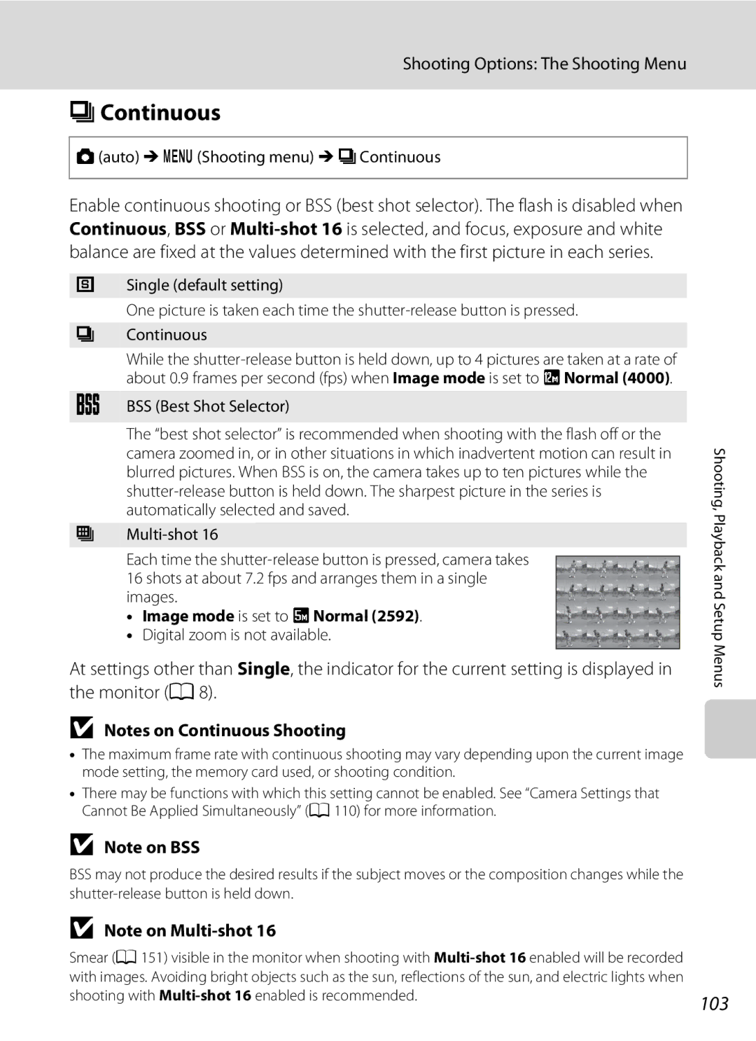 Nikon COOLPIXS1000PJ 103, Auto M d Shooting menu M CContinuous, BSS Best Shot Selector, Image mode is set to L Normal 