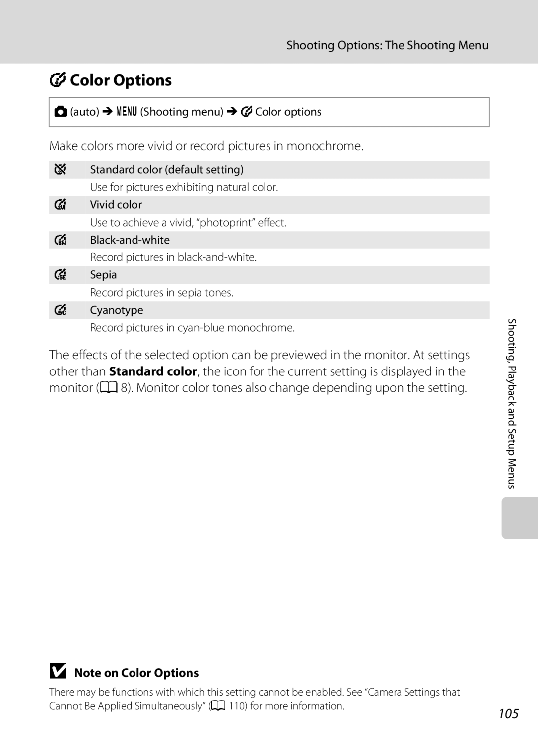 Nikon COOLPIXS1000PJ user manual FColor Options, 105, Make colors more vivid or record pictures in monochrome 