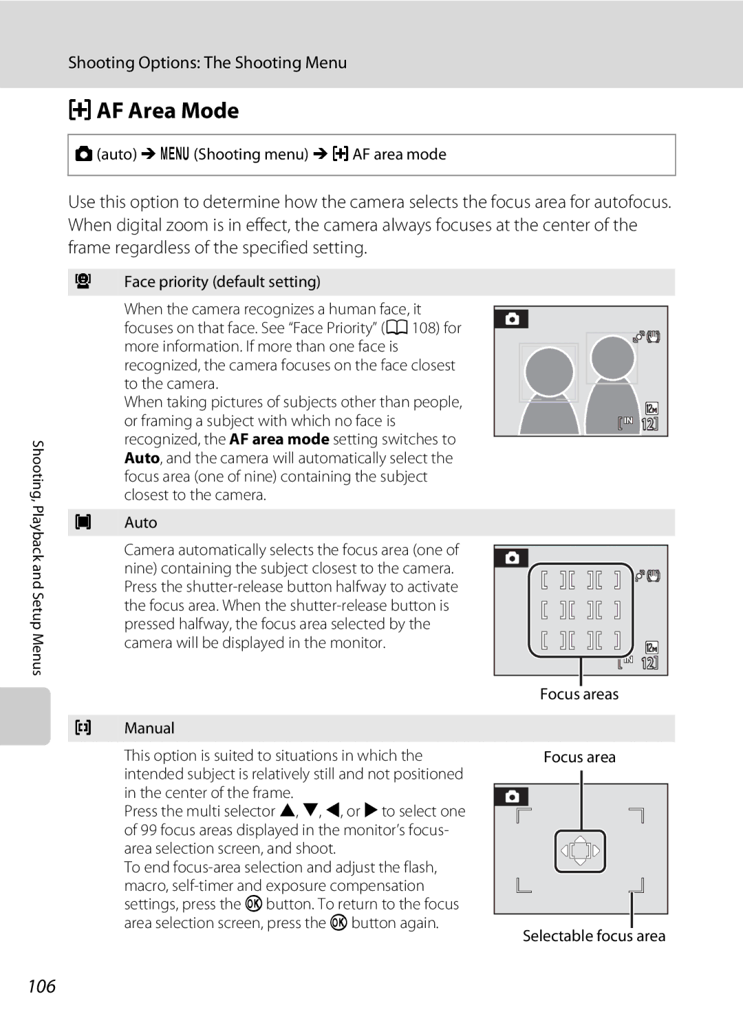 Nikon COOLPIXS1000PJ user manual GAF Area Mode, 106 