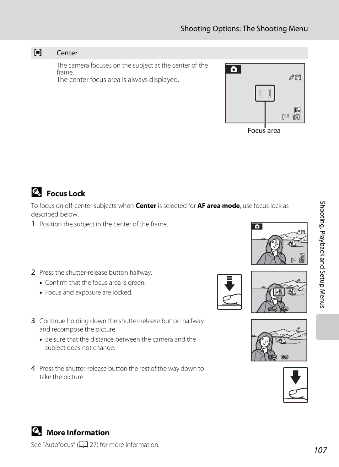 Nikon COOLPIXS1000PJ user manual 107, Focus Lock, Center focus area is always displayed Focus area 