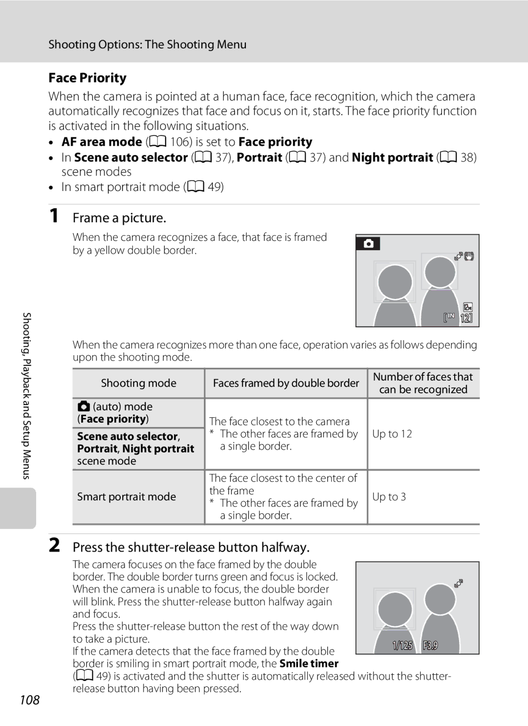 Nikon COOLPIXS1000PJ user manual Face Priority, 108, Smart portrait mode a 