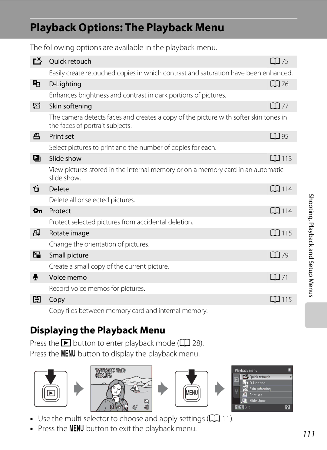 Nikon COOLPIXS1000PJ user manual Playback Options The Playback Menu, Displaying the Playback Menu 