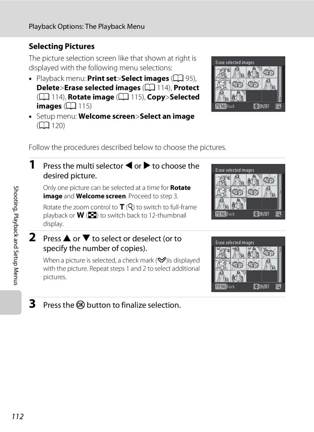 Nikon COOLPIXS1000PJ Selecting Pictures, Press the k button to finalize selection, 112, Playback Options The Playback Menu 