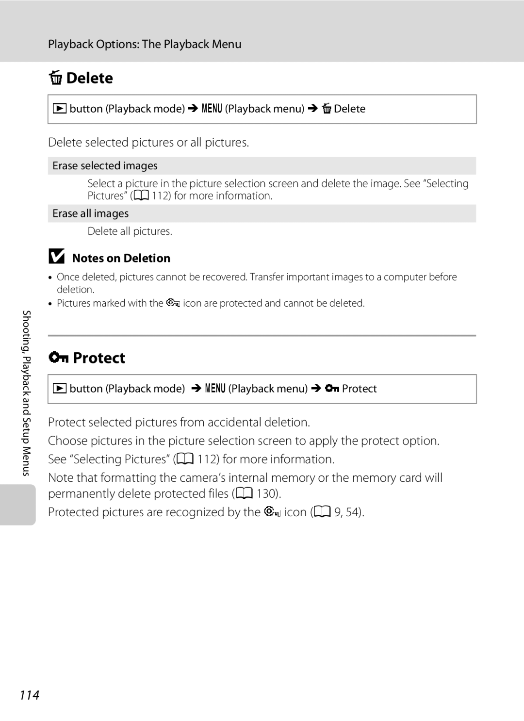 Nikon COOLPIXS1000PJ user manual Protect, 114, Delete selected pictures or all pictures 