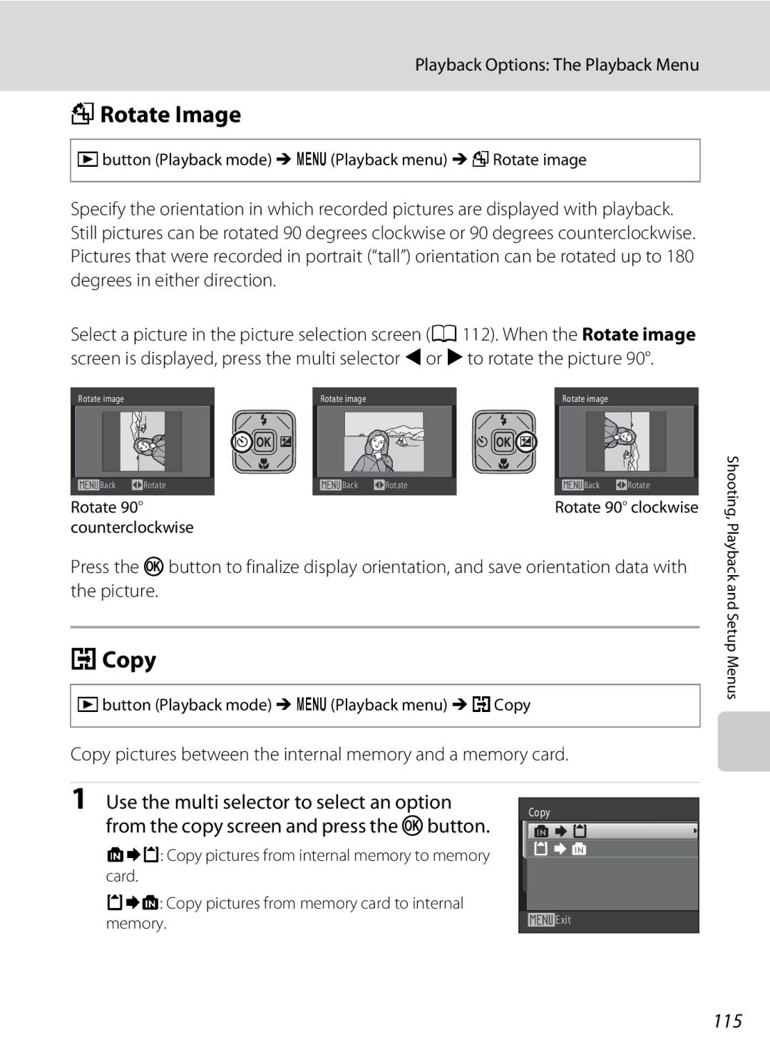 Nikon COOLPIXS1000PJ user manual FRotate Image, Copy, Use the multi selector to select an option, 115 