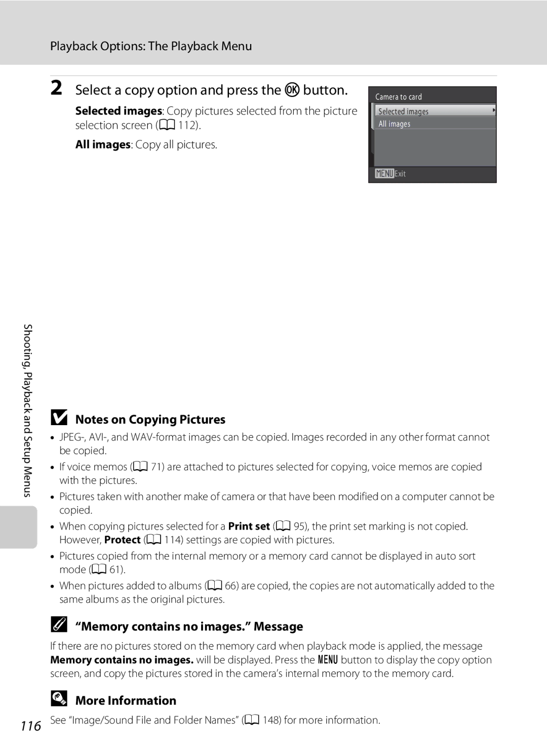 Nikon COOLPIXS1000PJ user manual Select a copy option and press the k button, Memory contains no images. Message 