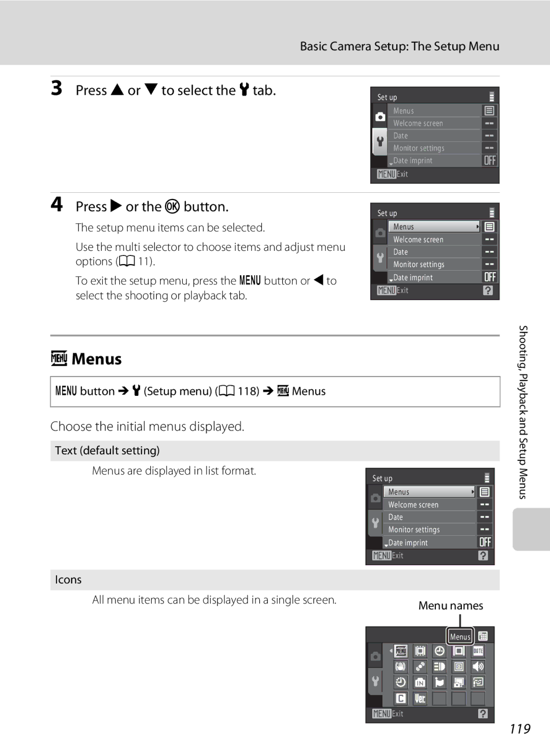 Nikon COOLPIXS1000PJ user manual Menus, Press H or I to select the ztab, Press K or the k button, 119 