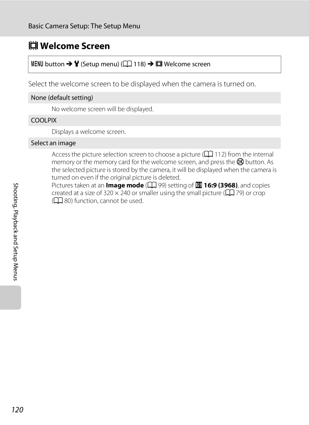 Nikon COOLPIXS1000PJ user manual CWelcome Screen, 120, Button M zSetup menu A118 M cWelcome screen 