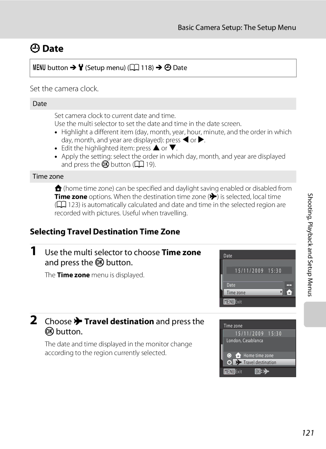 Nikon COOLPIXS1000PJ Date, Selecting Travel Destination Time Zone, Choose xTravel destination and press the k button, 121 