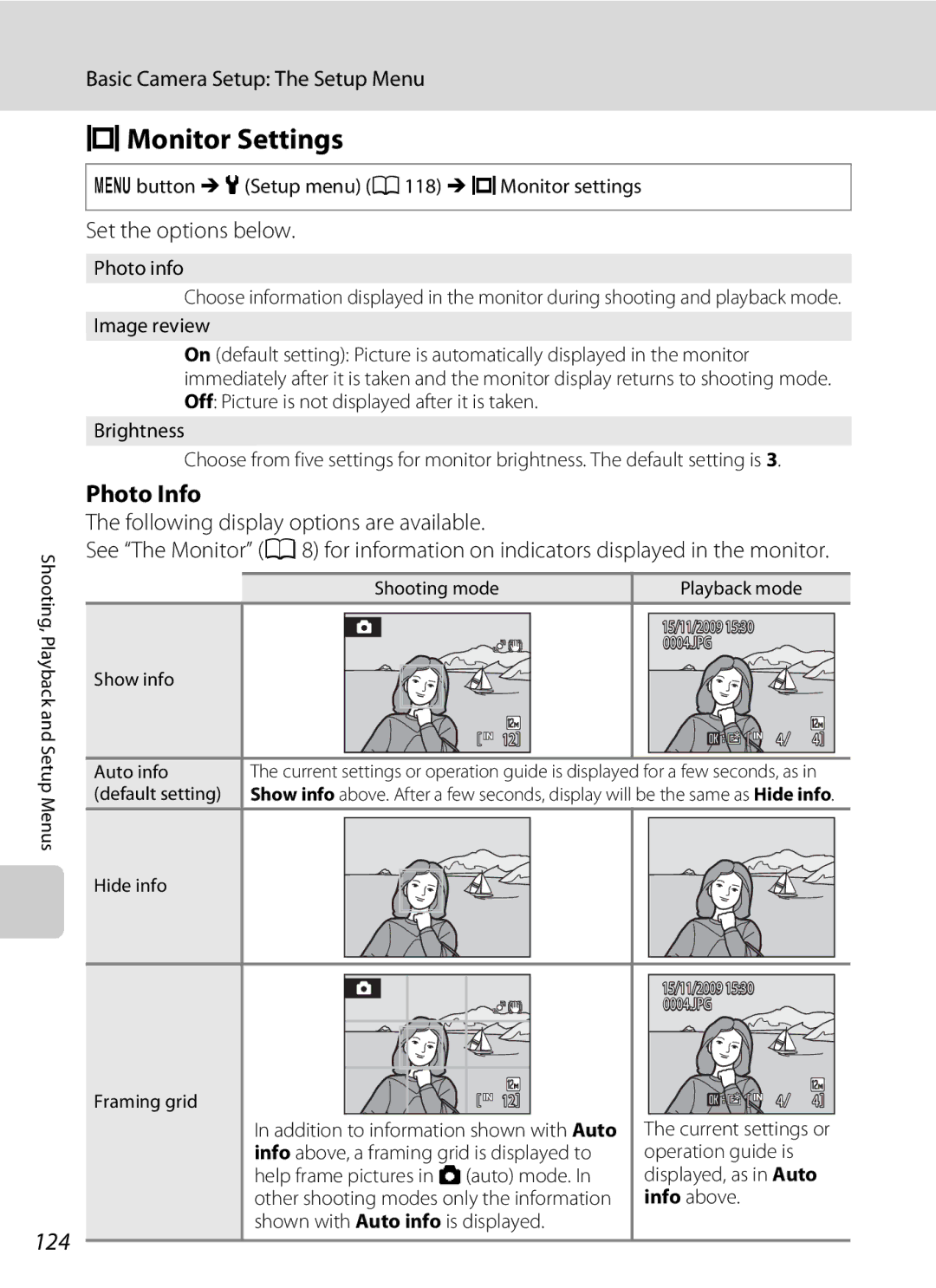 Nikon COOLPIXS1000PJ user manual EMonitor Settings, 124, Photo Info, Set the options below 