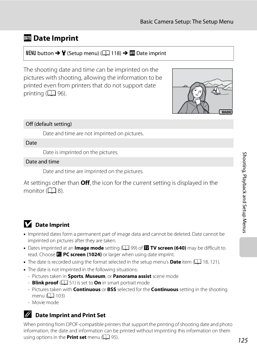 Nikon COOLPIXS1000PJ user manual FDate Imprint, 125, Date Imprint and Print Set, Button M zSetup menu A118 M fDate imprint 