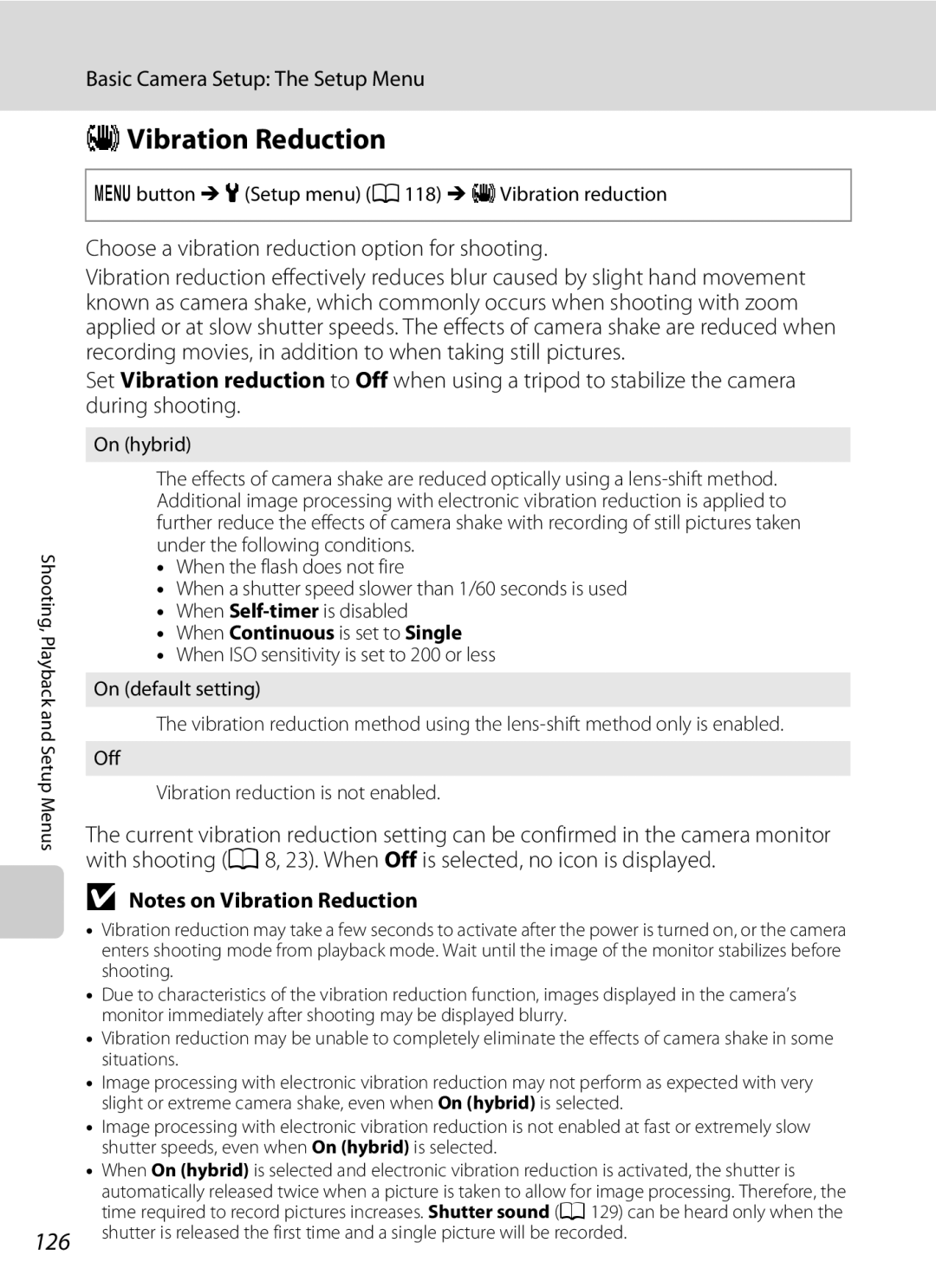 Nikon COOLPIXS1000PJ user manual GVibration Reduction, 126, Choose a vibration reduction option for shooting 