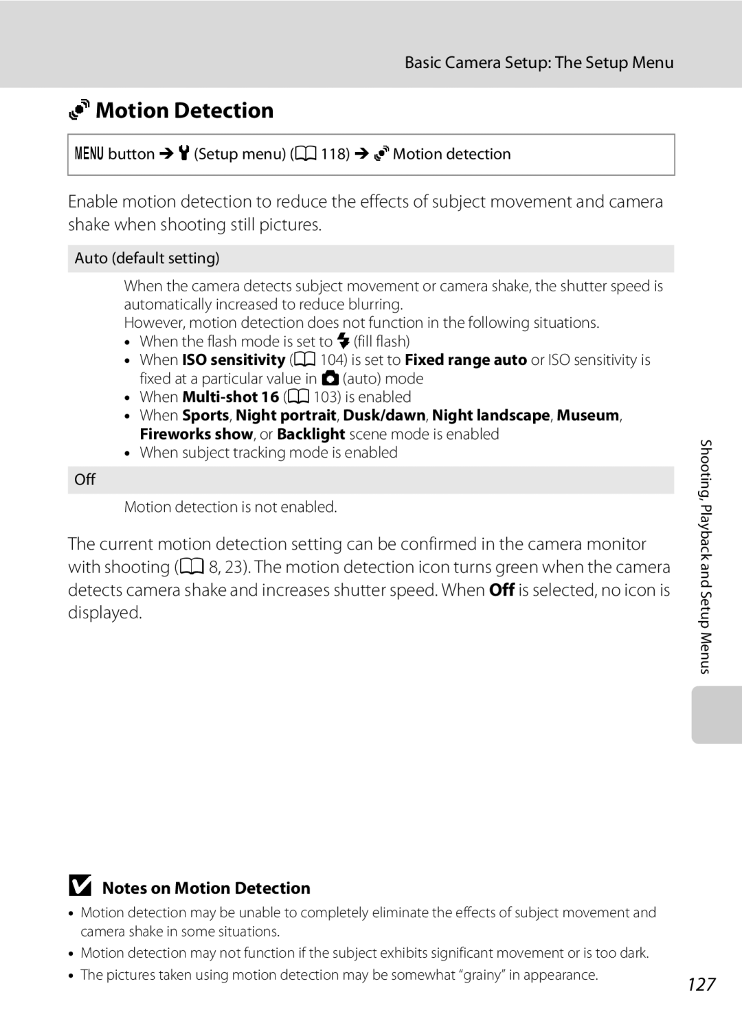 Nikon COOLPIXS1000PJ user manual Motion Detection, 127, Button M zSetup menu A118 M U Motion detection 