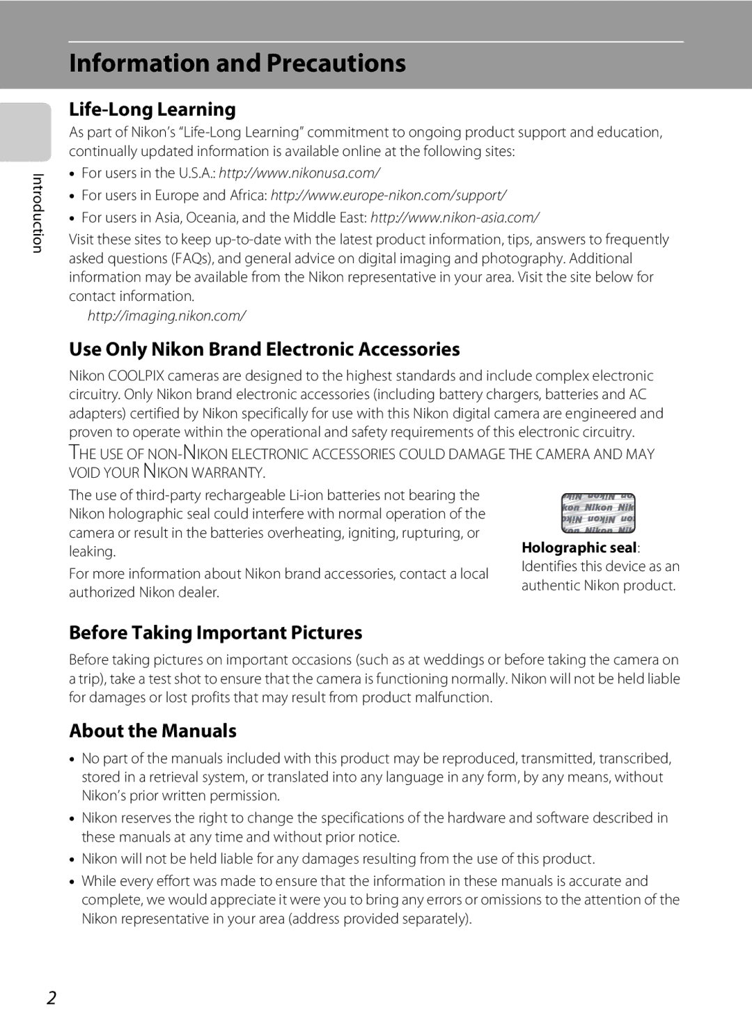 Nikon COOLPIXS1000PJ Information and Precautions, Life-Long Learning, Use Only Nikon Brand Electronic Accessories 