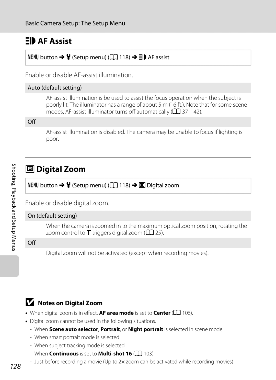 Nikon COOLPIXS1000PJ user manual HAF Assist, UDigital Zoom, 128, Enable or disable AF-assist illumination 