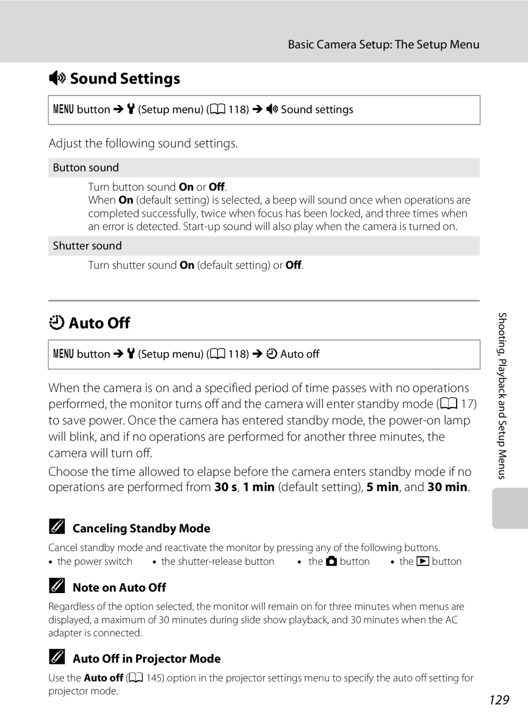 Nikon COOLPIXS1000PJ user manual ISound Settings, KAuto Off, 129, Canceling Standby Mode, Auto Off in Projector Mode 