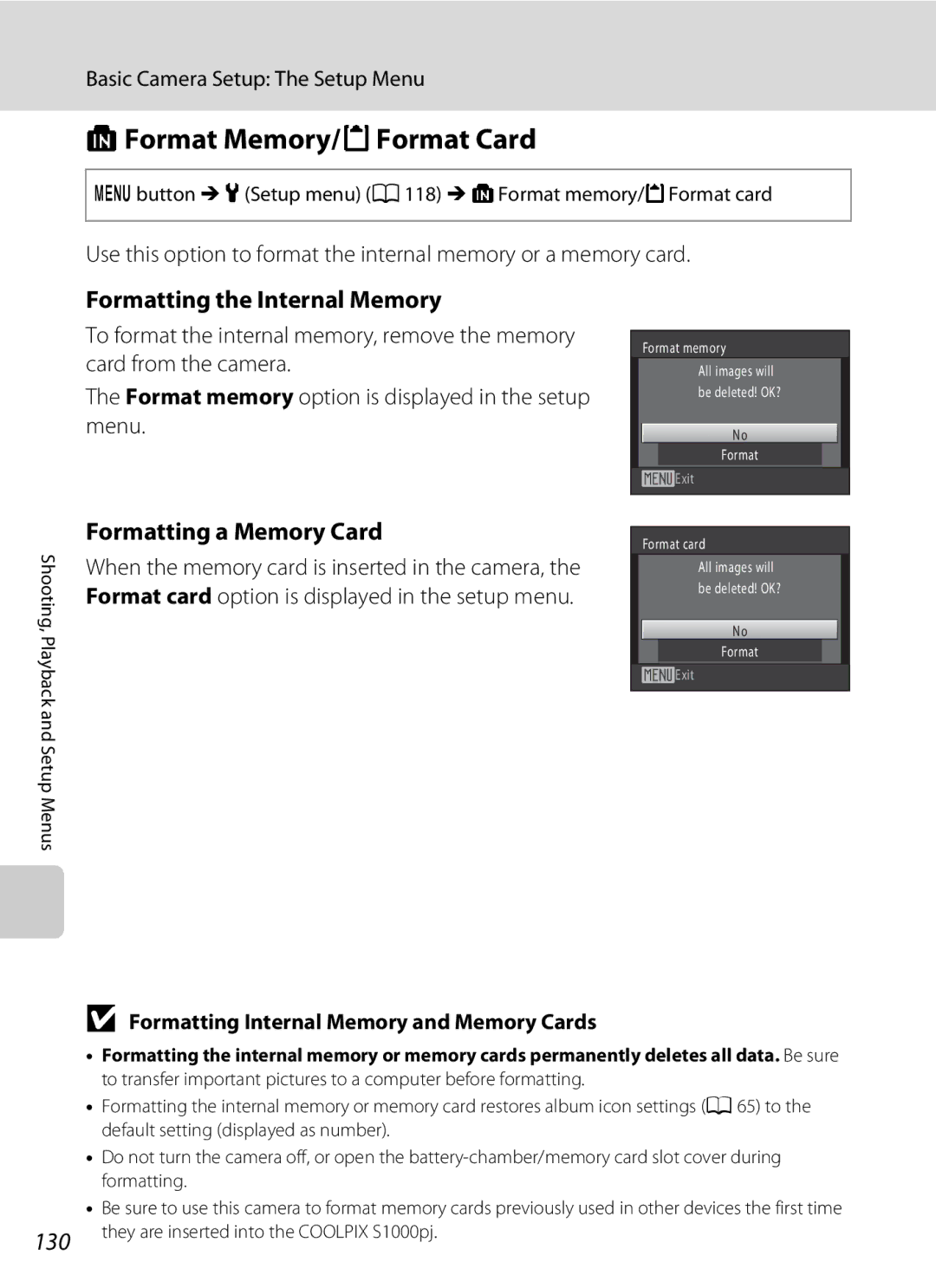 Nikon COOLPIXS1000PJ user manual LFormat Memory/mFormat Card, Formatting the Internal Memory, Formatting a Memory Card 