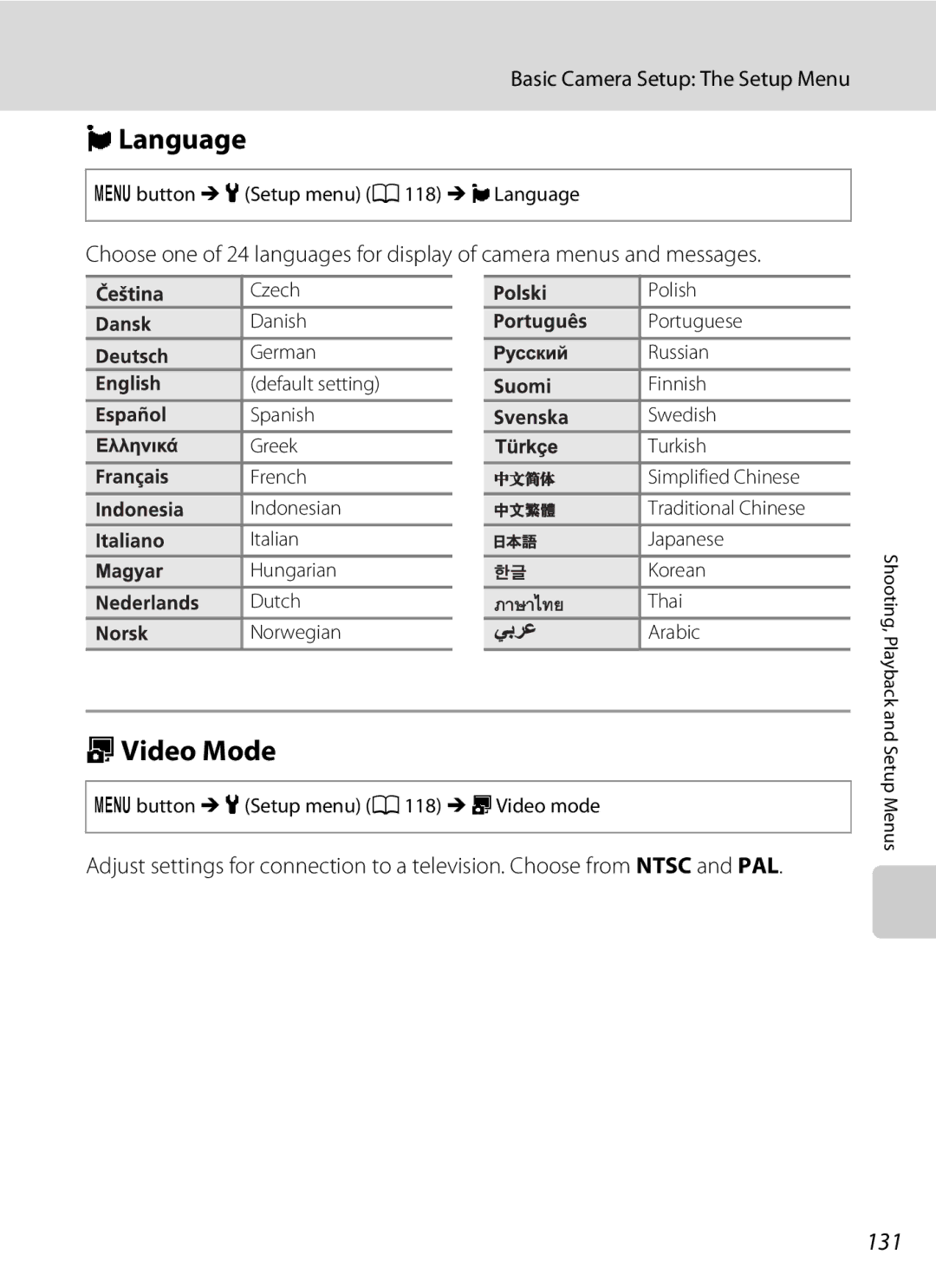 Nikon COOLPIXS1000PJ OVideo Mode, 131, Button M zSetup menu A118 M nLanguage, Button M zSetup menu A118 M oVideo mode 