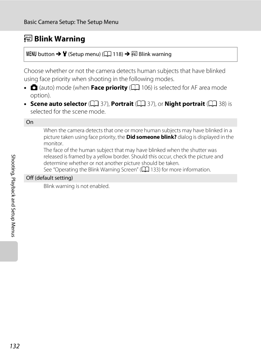 Nikon COOLPIXS1000PJ user manual DBlink Warning, 132, Button M zSetup menu A118 M dBlink warning, Monitor 