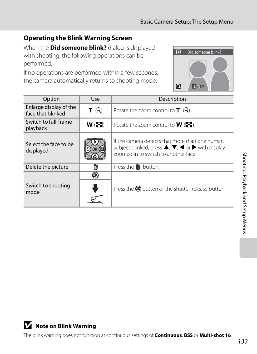 Nikon COOLPIXS1000PJ user manual Operating the Blink Warning Screen, 133, Option Use Description, Mode 