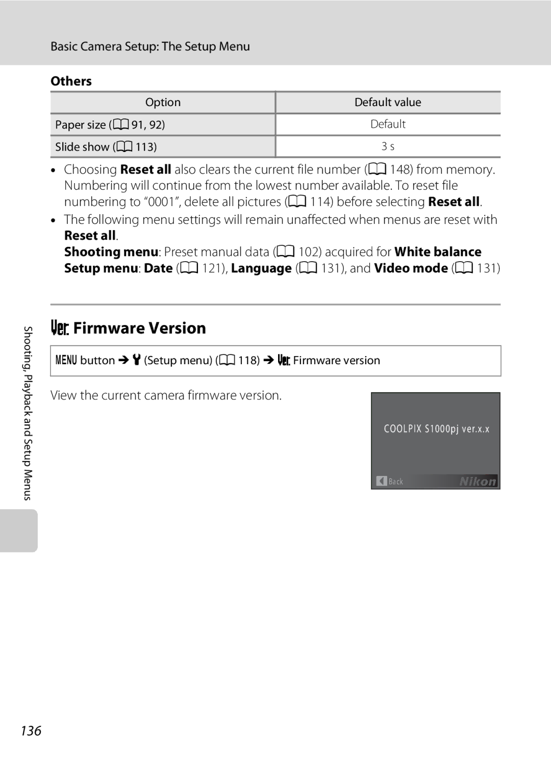 Nikon COOLPIXS1000PJ user manual RFirmware Version, 136, Others, Setup menu Date a 121, Language a 131, and Video mode a 