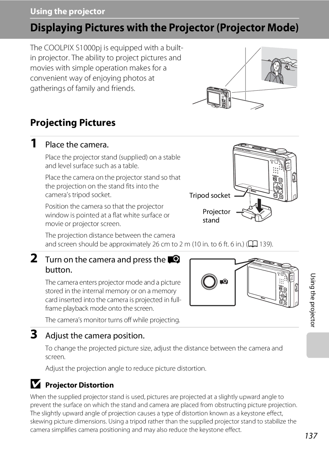 Nikon COOLPIXS1000PJ user manual Projecting Pictures, Place the camera, Turn on the camera and press the P button, 137 