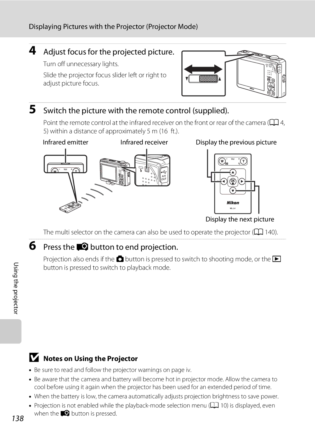 Nikon COOLPIXS1000PJ Adjust focus for the projected picture, Switch the picture with the remote control supplied, 138 