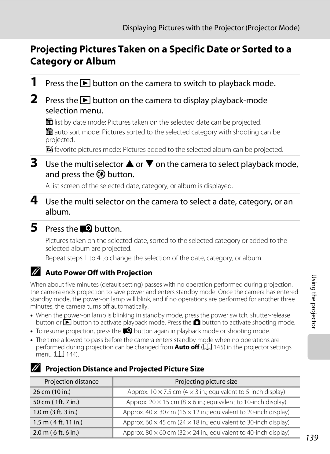 Nikon COOLPIXS1000PJ user manual 139, Auto Power Off with Projection, Projection Distance and Projected Picture Size 