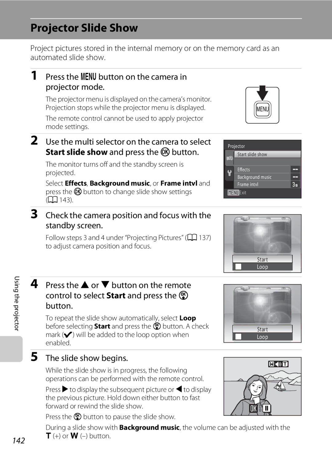 Nikon COOLPIXS1000PJ user manual Projector Slide Show, Press the d button on the camera Projector mode, 142 