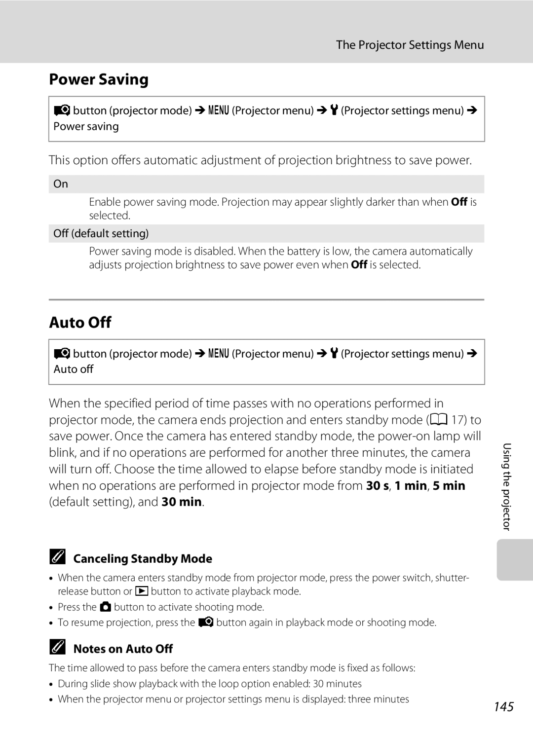 Nikon COOLPIXS1000PJ user manual Power Saving, Auto Off, Projector Settings Menu 