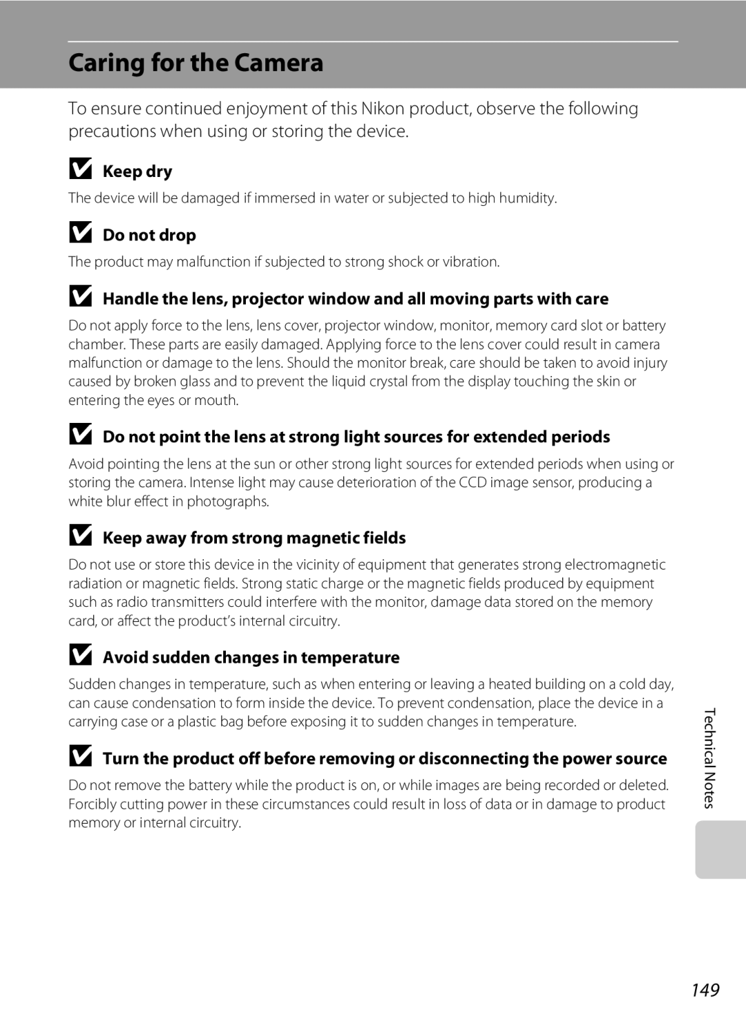 Nikon COOLPIXS1000PJ user manual Caring for the Camera, 149 