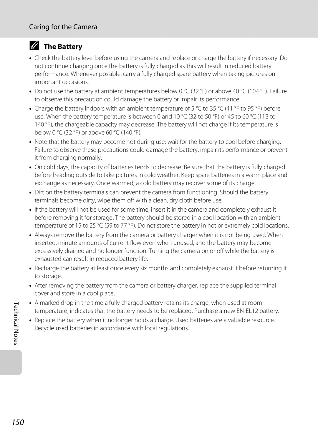 Nikon COOLPIXS1000PJ user manual 150, Caring for the Camera, Battery 