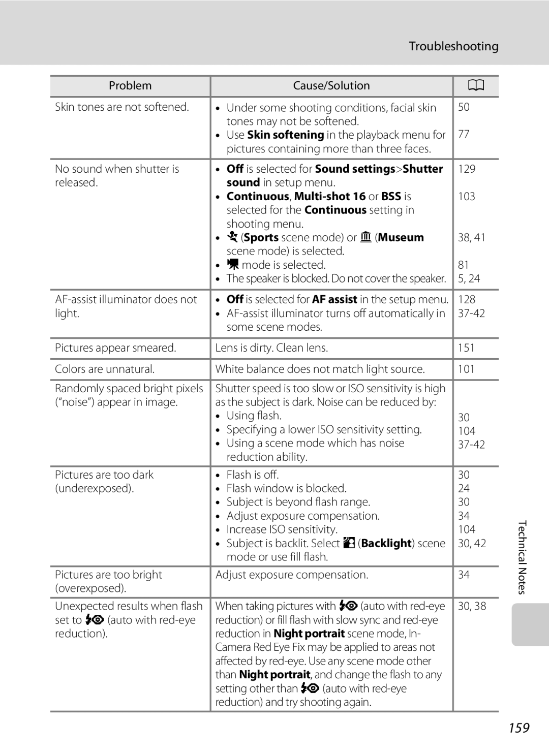 Nikon COOLPIXS1000PJ user manual 159, Continuous, Multi-shot 16 or BSS is, Sports scene mode or l Museum 