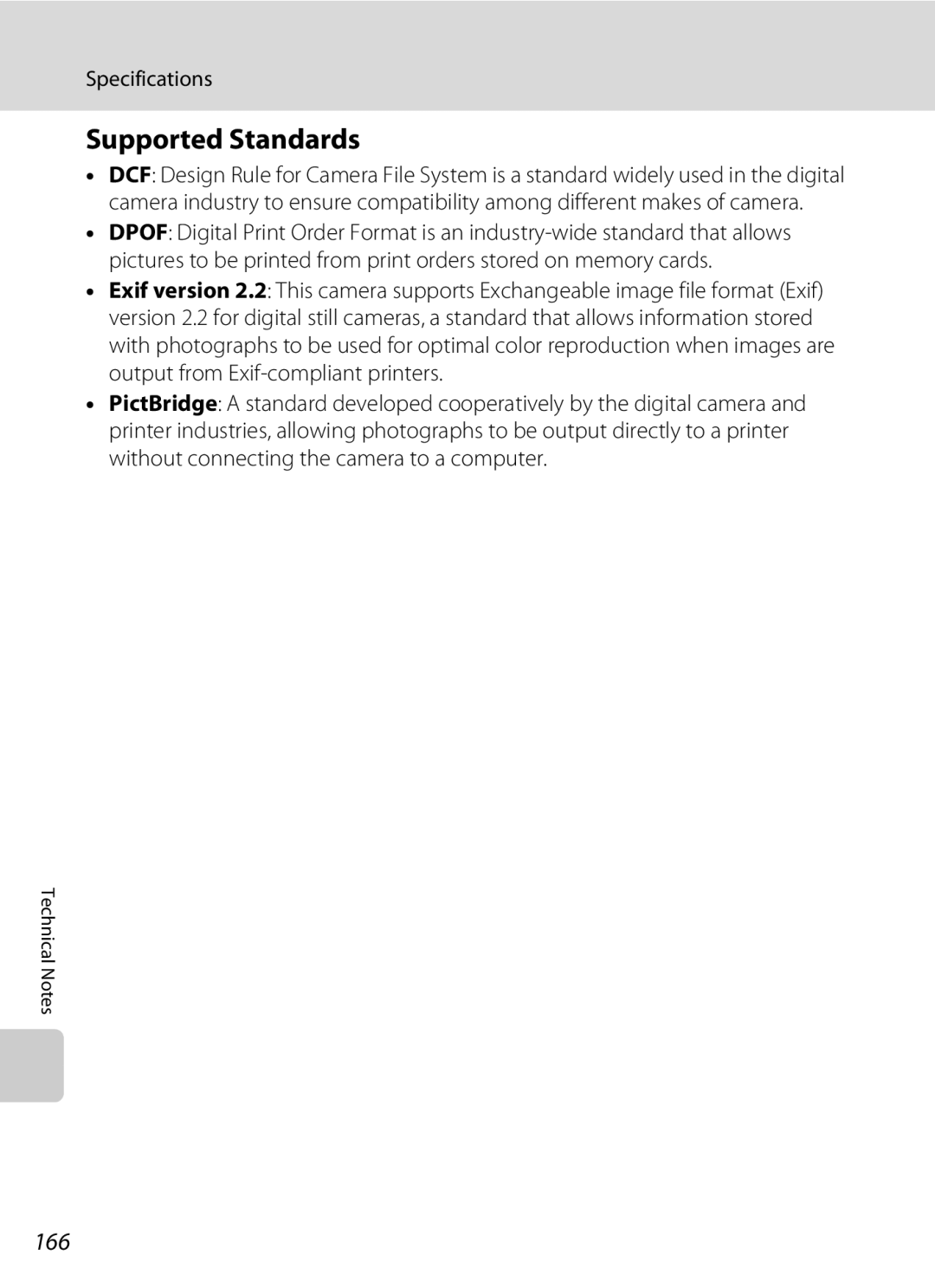 Nikon COOLPIXS1000PJ user manual Supported Standards, 166 