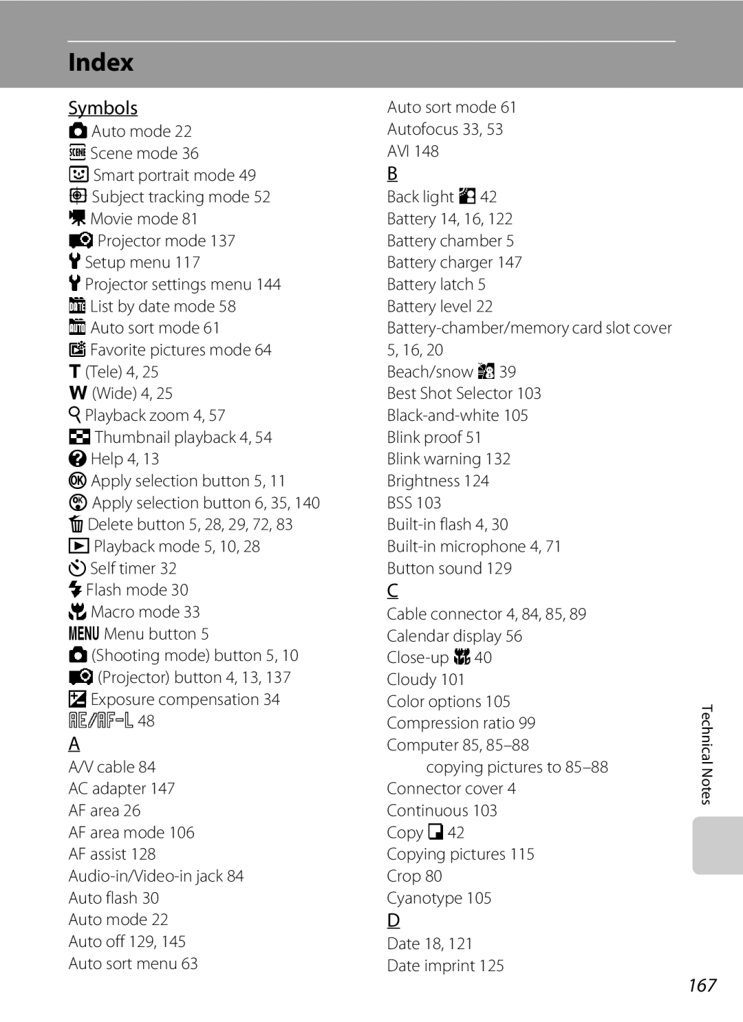 Nikon COOLPIXS1000PJ user manual Index, Symbols, 167, Auto sort mode Autofocus 33 AVI 