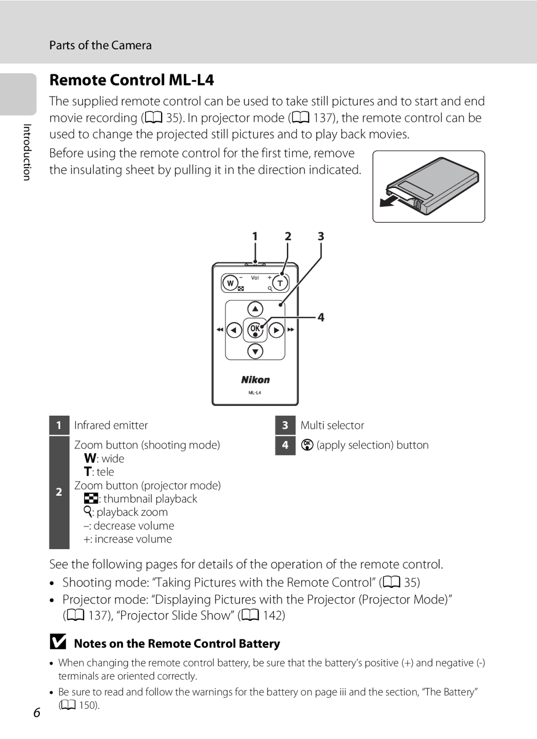 Nikon COOLPIXS1000PJ user manual Remote Control ML-L4, Infrared emitter Multi selector Zoom button shooting mode, Wide Tele 