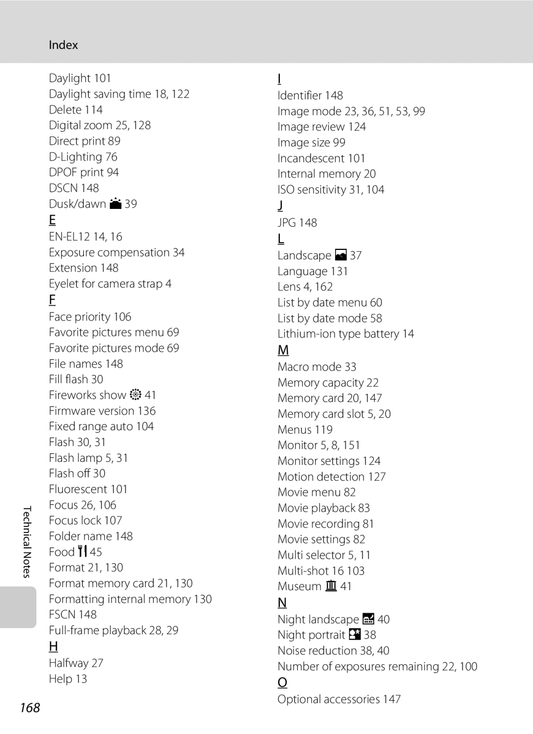 Nikon COOLPIXS1000PJ user manual Index, Number of exposures remaining 22 