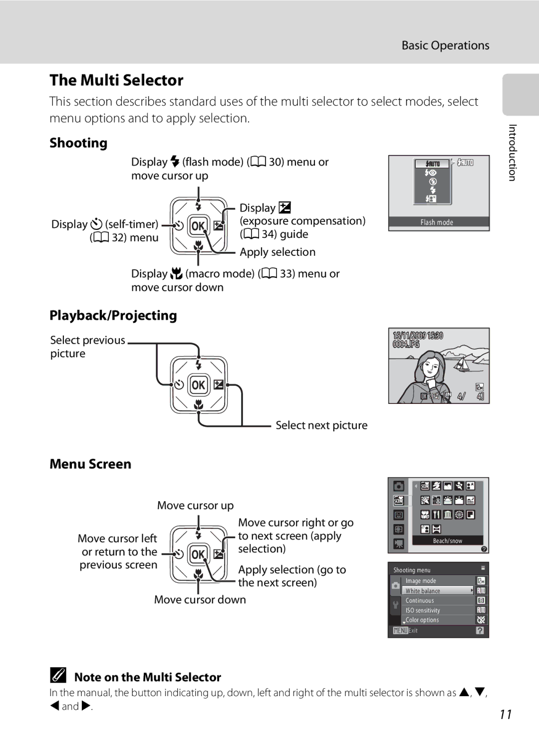 Nikon COOLPIXS1000PJ user manual Multi Selector, Shooting, Playback/Projecting, Menu Screen, Basic Operations 