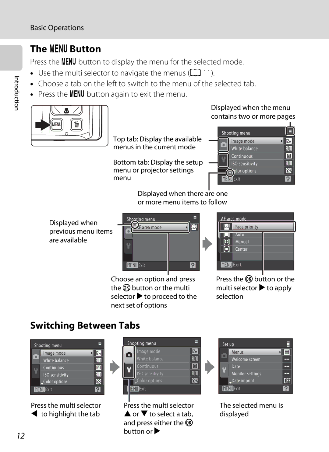 Nikon COOLPIXS1000PJ user manual DButton, Switching Between Tabs, Press the multi selector To highlight the tab 