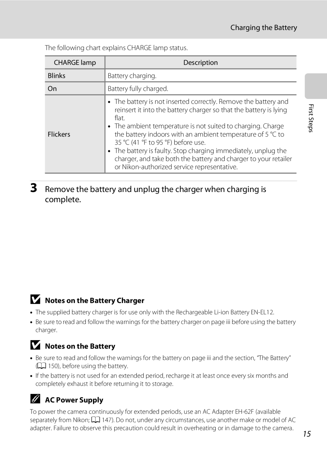 Nikon COOLPIXS1000PJ user manual Charging the Battery, AC Power Supply 