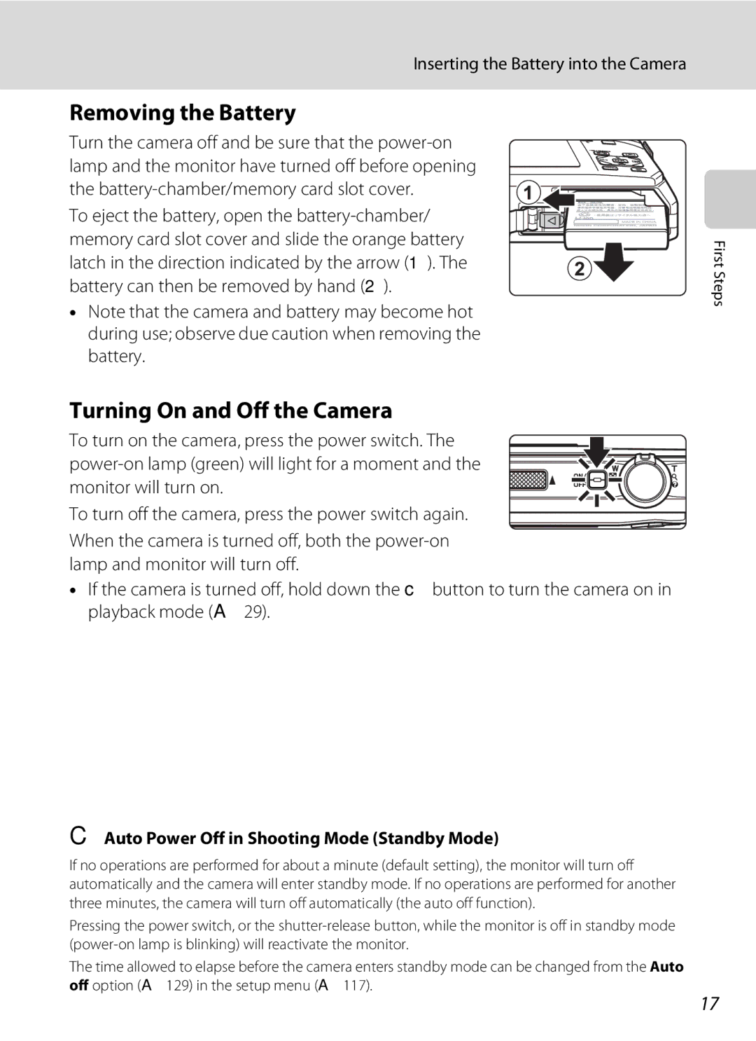 Nikon COOLPIXS1000PJ user manual Removing the Battery, Turning On and Off the Camera, Inserting the Battery into the Camera 