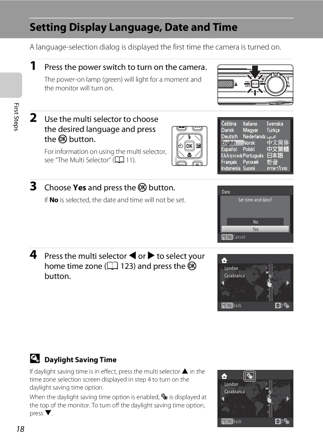 Nikon COOLPIXS1000PJ user manual Setting Display Language, Date and Time, Press the power switch to turn on the camera 