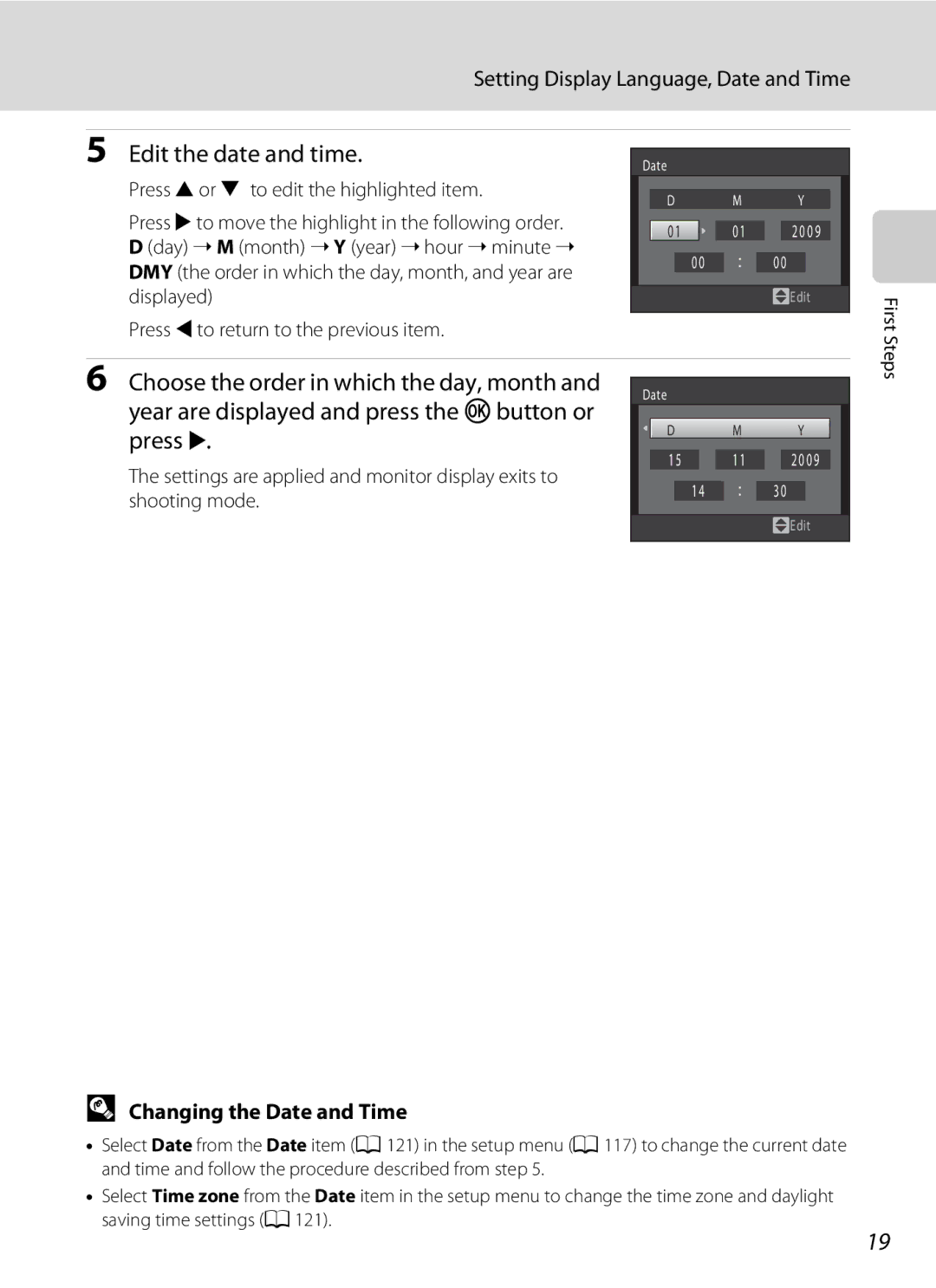 Nikon COOLPIXS1000PJ Edit the date and time, Setting Display Language, Date and Time, Changing the Date and Time 