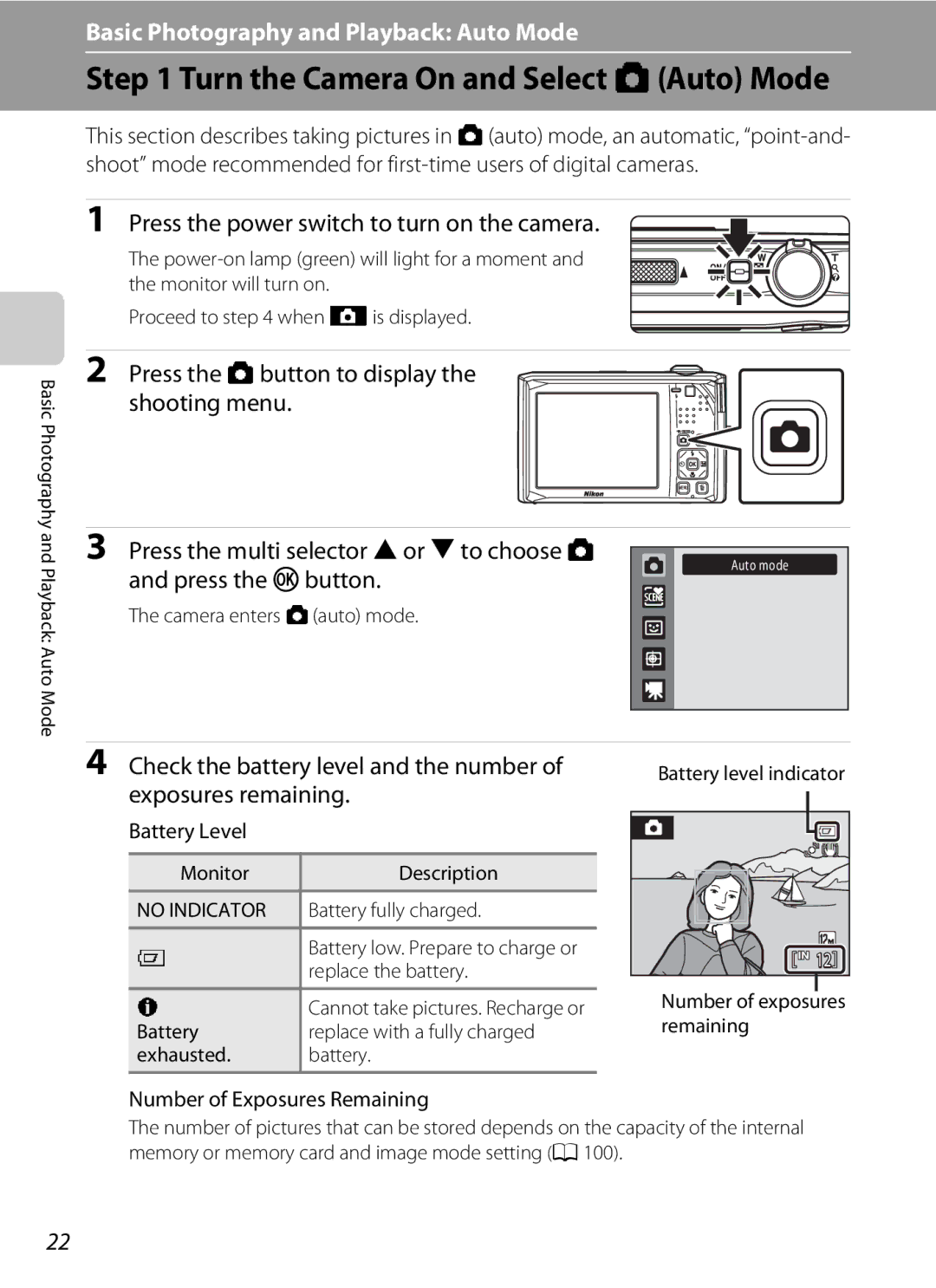 Nikon COOLPIXS1000PJ user manual Turn the Camera On and Select AAuto Mode, Press the k button, Battery Level 