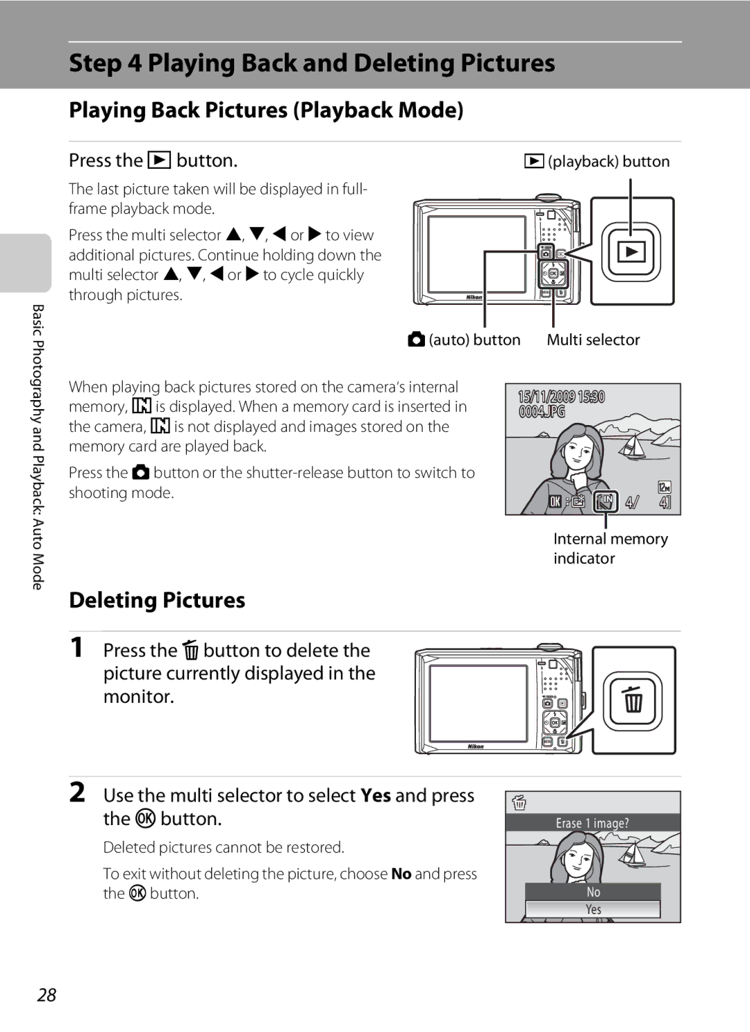 Nikon COOLPIXS1000PJ Playing Back and Deleting Pictures, Playing Back Pictures Playback Mode, Press the c button 