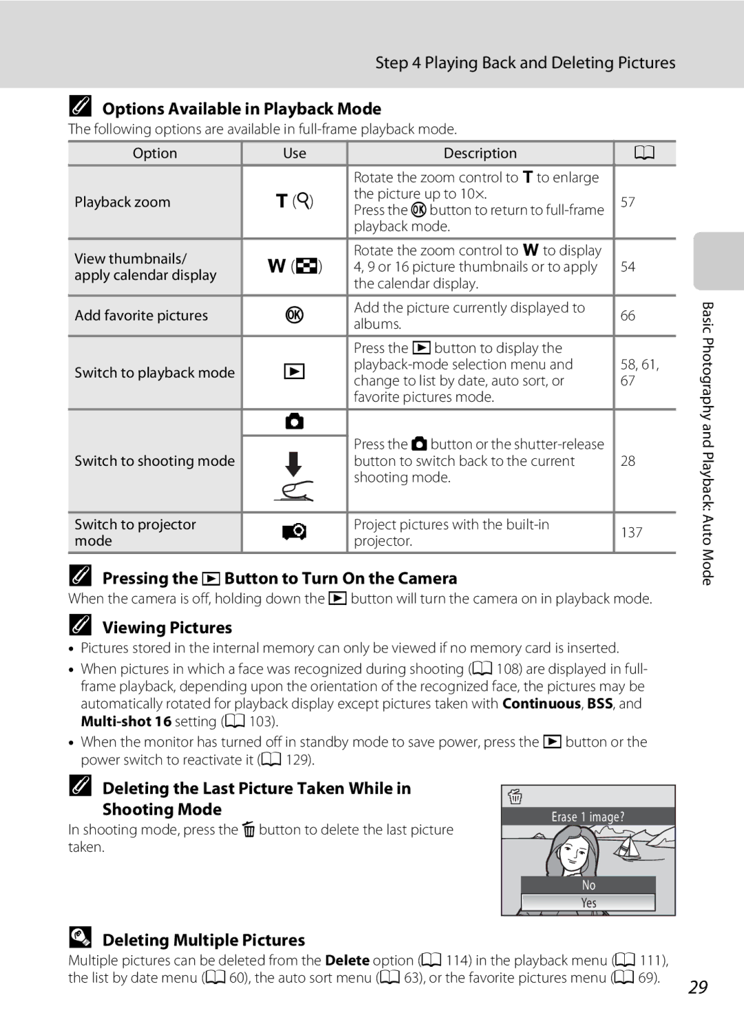 Nikon COOLPIXS1000PJ Options Available in Playback Mode, Pressing the c Button to Turn On the Camera, Viewing Pictures 