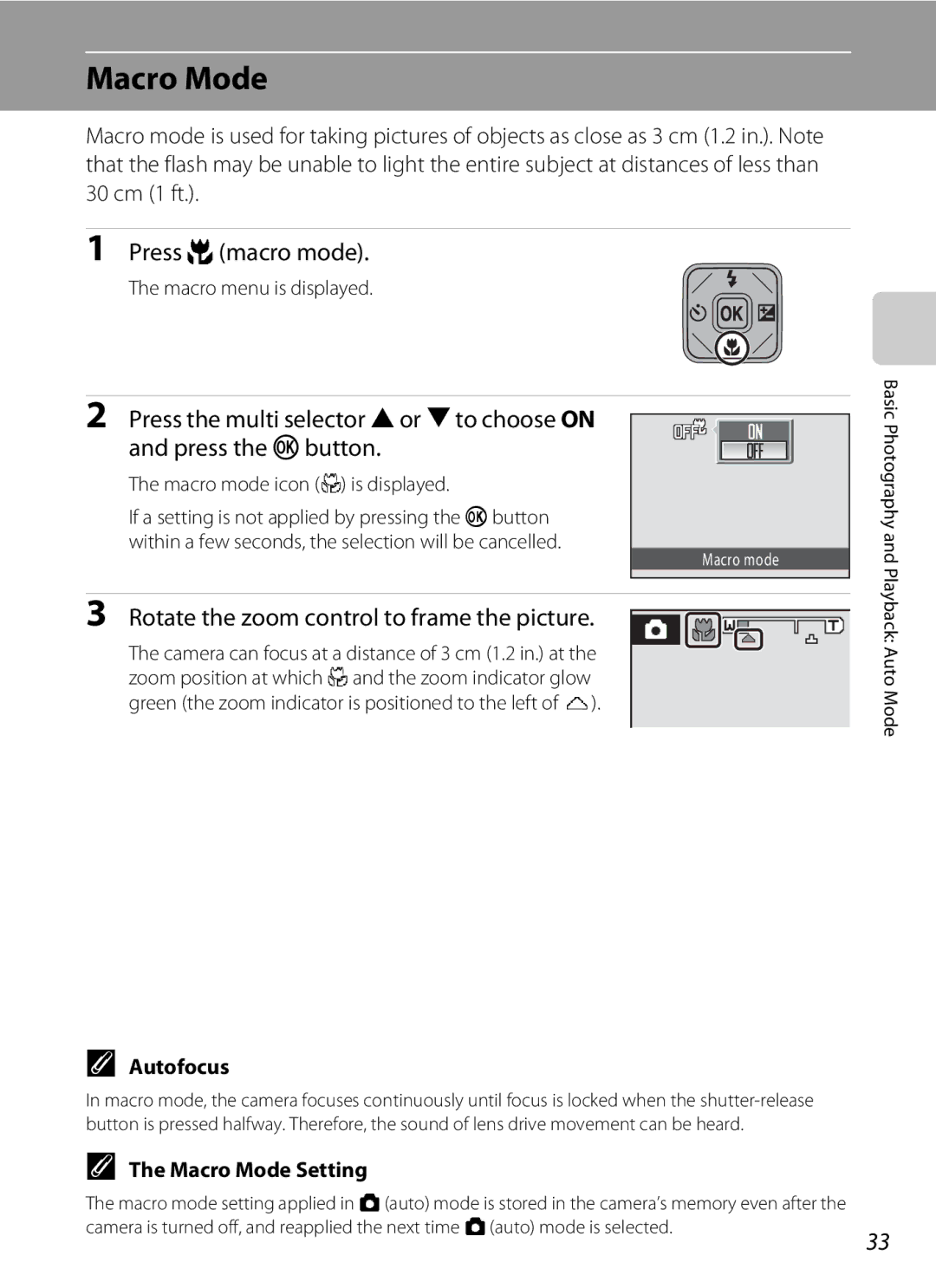 Nikon COOLPIXS1000PJ user manual Press p macro mode, Rotate the zoom control to frame the picture, Macro Mode Setting 