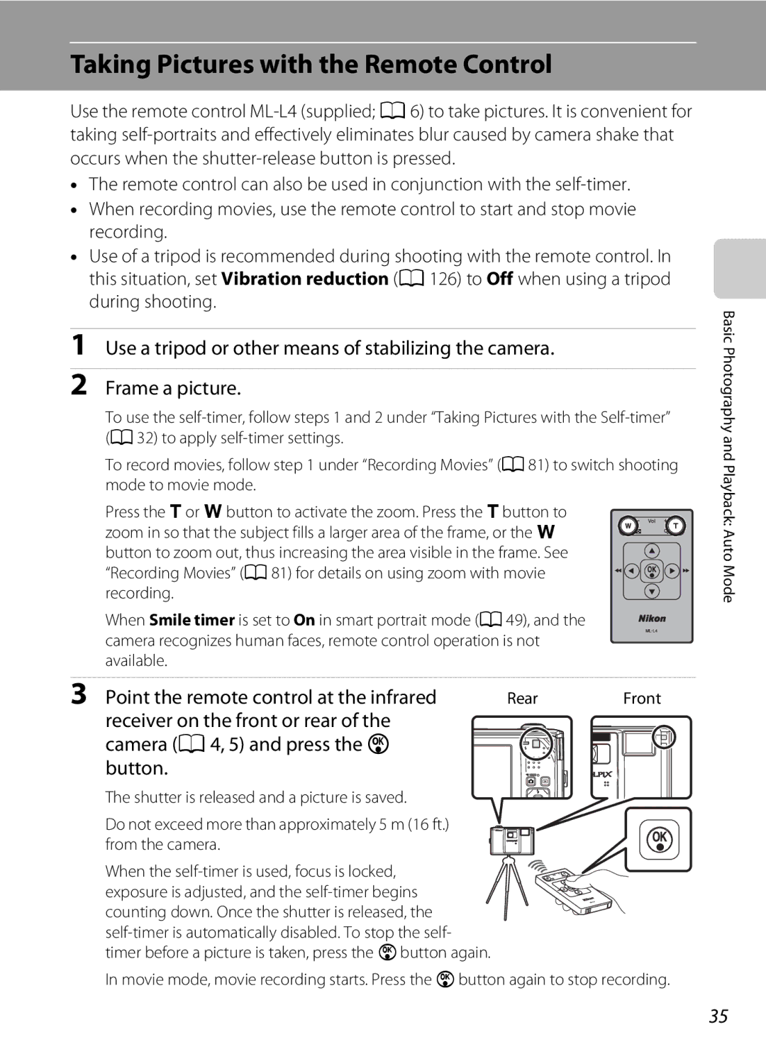 Nikon COOLPIXS1000PJ user manual Taking Pictures with the Remote Control, Point the remote control at the infrared, Rear 