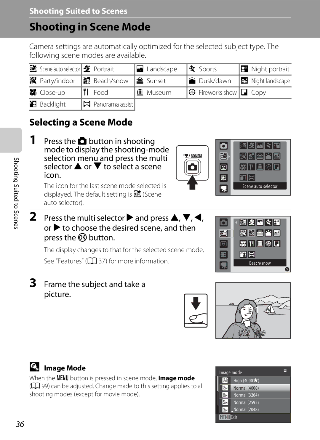 Nikon COOLPIXS1000PJ Shooting in Scene Mode, Selecting a Scene Mode, Frame the subject and take a picture, Image Mode 